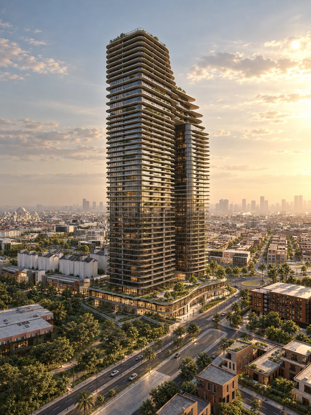 An elevated approach toward the twin towers and their curved balconies.