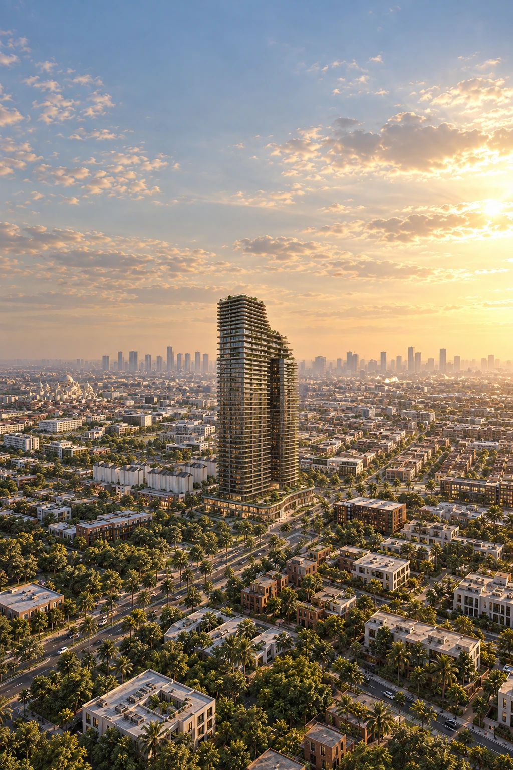 A distant aerial view of the connected towers within the city at sunset.