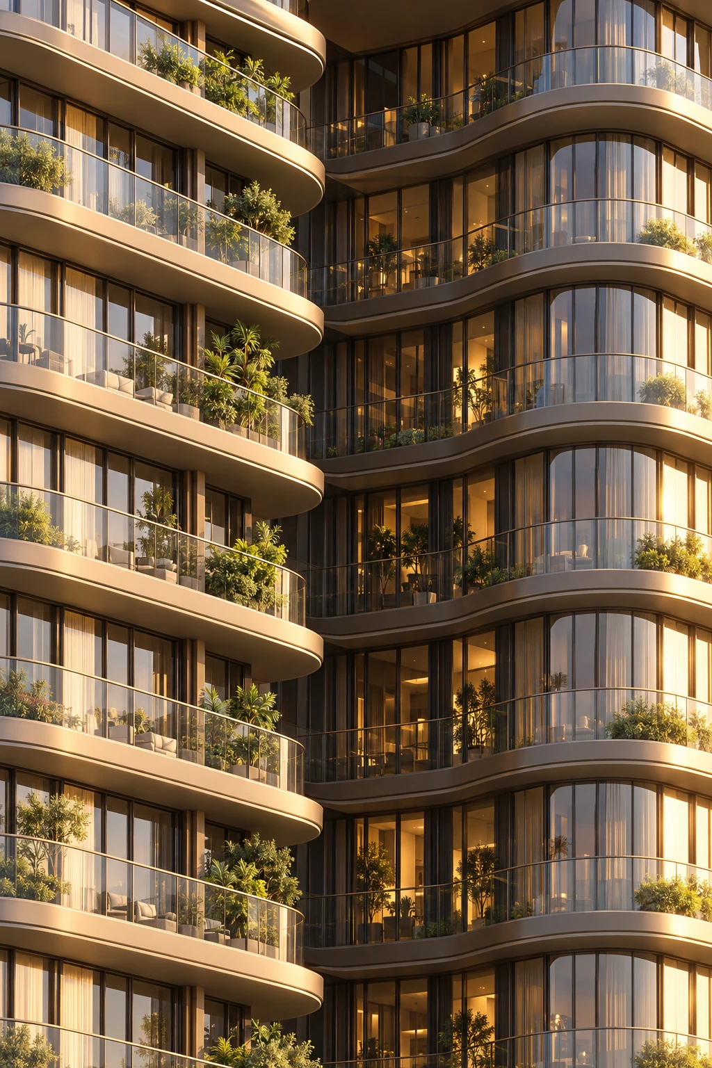 Close view of planted curved balconies and floor-to-ceiling glazing.